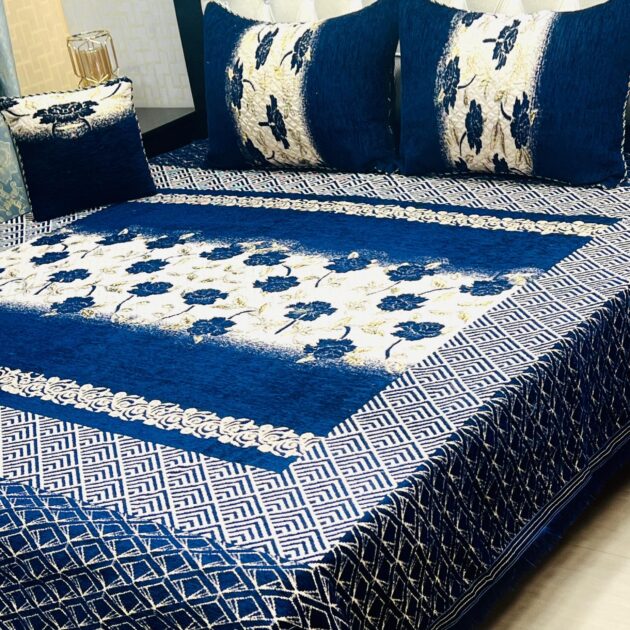 4Pc Velvet Jaquard Bedsheet Blue Color Style 3