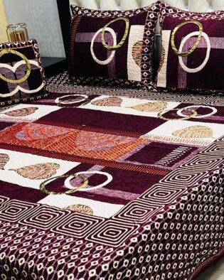 4Pc Velvet Jaquard Bedsheet Mehroon Color Style 3