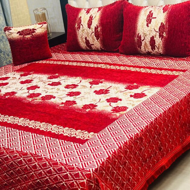 4Pc Velvet Jaquard Bedsheet Red Color Style 6
