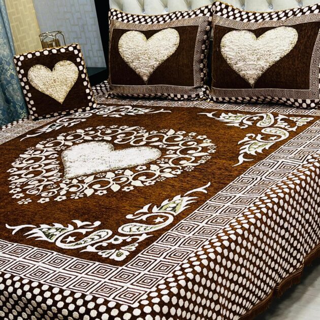 4Pc Velvet Jaquard Bedsheet Brown Color Style 3