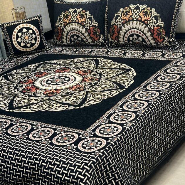4Pc Velvet Jaquard Bedsheet Dark Green Color Style 3