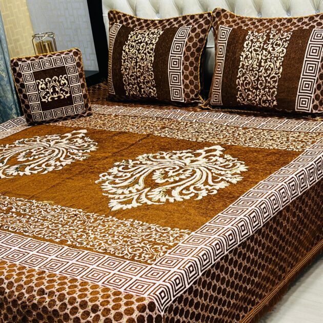 4Pc Velvet Jaquard Bedsheet Khakhi Color Style 5