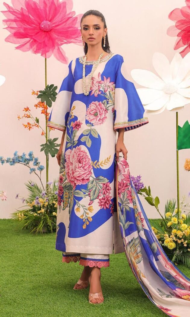 Floral Digital printed Blue & Cream color