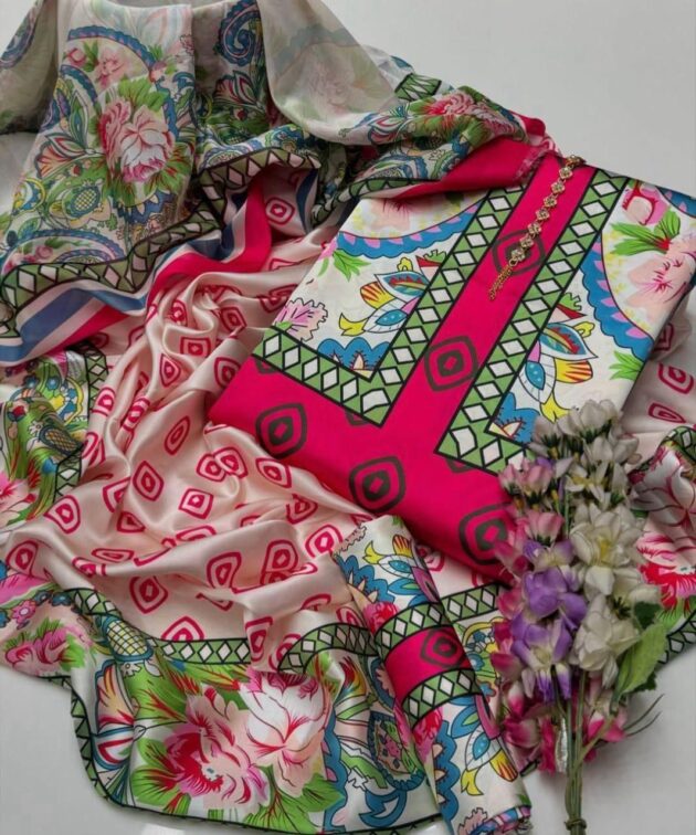 Floral Digital printed Green & Pink color - Image 2