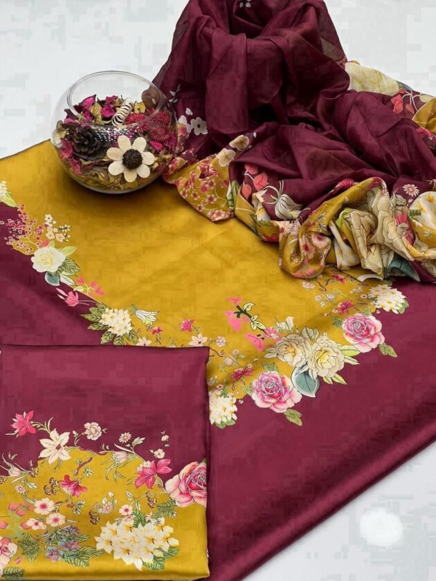 Floral Digital printed Golden & Mehroon color - Image 2