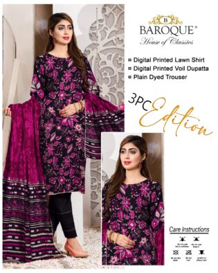 BAROQUE  lawn digital printed unstitced 3pc purple