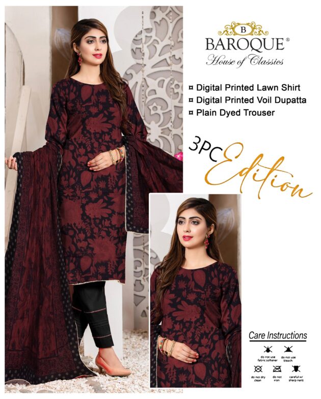 BAROQUE  lawn digital printed unstitced 3pc Brown
