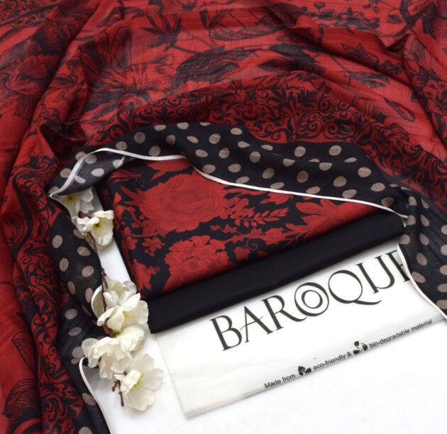 BAROQUE  lawn digital printed unstitced 3pc Brown - Image 2