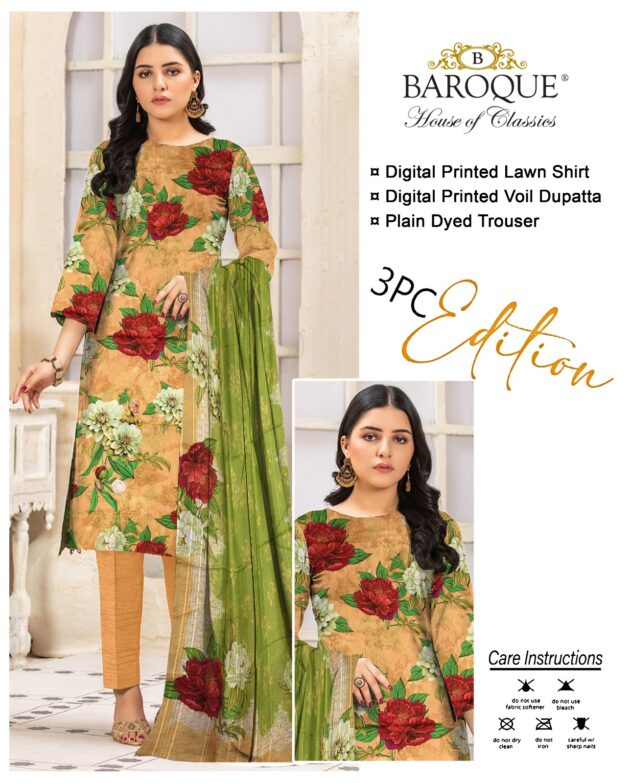 BAROQUE  lawn digital printed unstitced 3pc peach