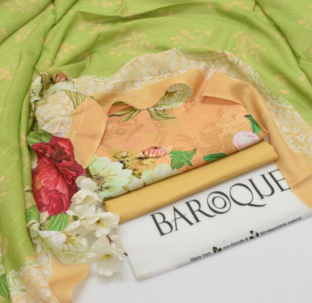 BAROQUE  lawn digital printed unstitced 3pc peach - Image 2