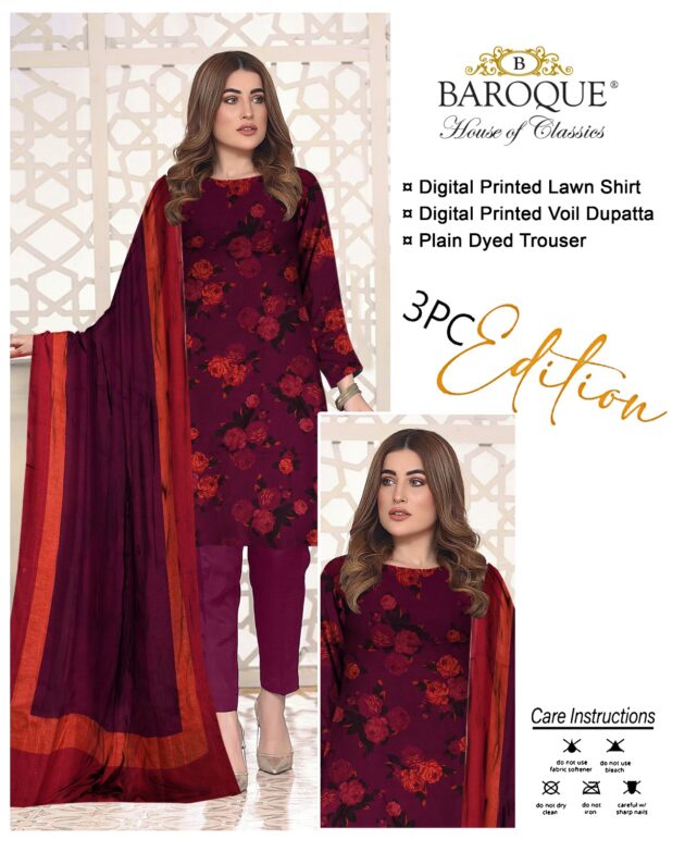 BAROQUE  lawn digital printed unstitced 3pc Mehroon
