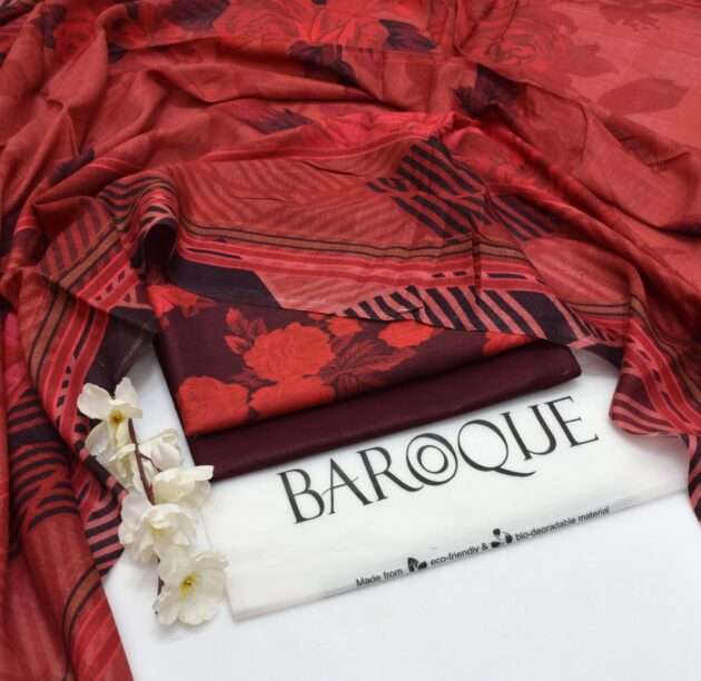 BAROQUE  lawn digital printed unstitced 3pc Mehroon - Image 2