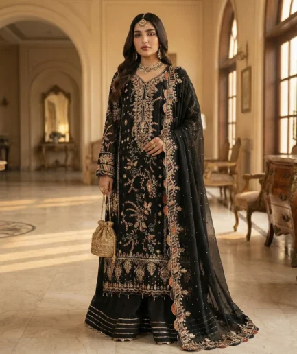 Noir Majesty – Luxury Hand-Embellished Chiffon