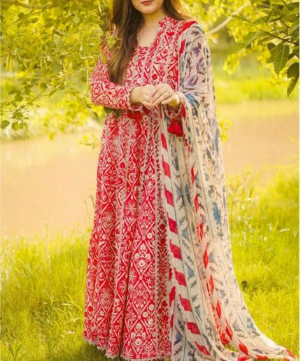 Classic Red & White Printed Lawn Suit